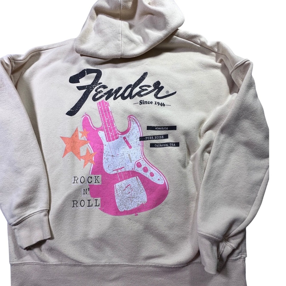 Grayson Threads Fender Rock N Roll Graphic Hoodie Cream Pink Guitar Mens Medium